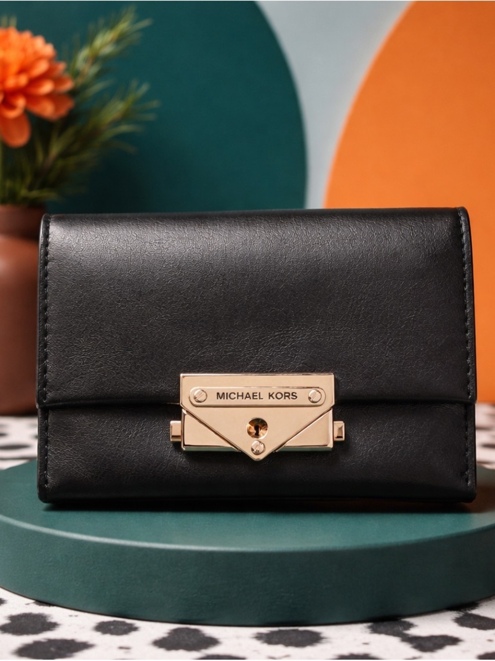 Michael Kors Black Leather Wallet with Gold Lock